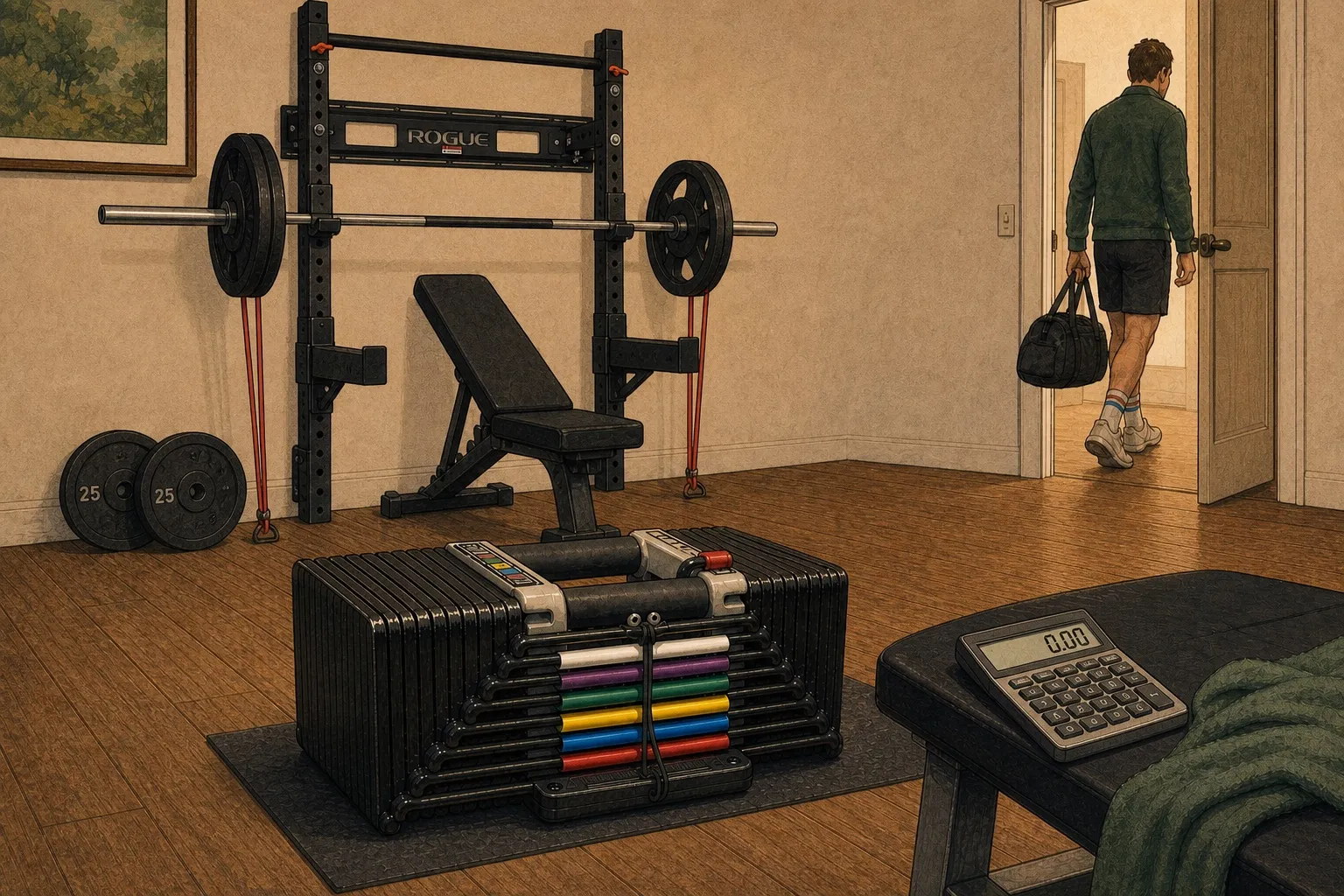 A quietly perplexed PowerBlock sits before a folding wall-mounted rack with a barbell, two pairs of plates, and resistance bands while its Human leaves carrying a gym bag; a calculator on the bench reads 0.00