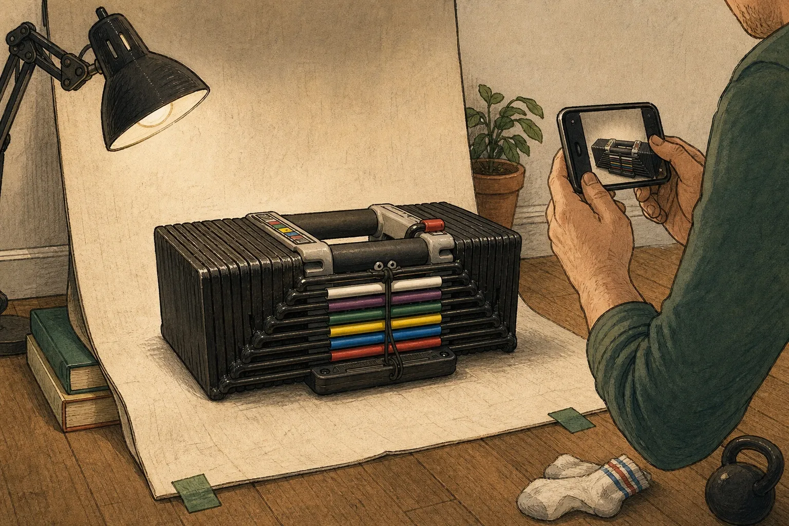 A PowerBlock poses under an improvised photo light while its Human photographs it with a phone instead of lifting it